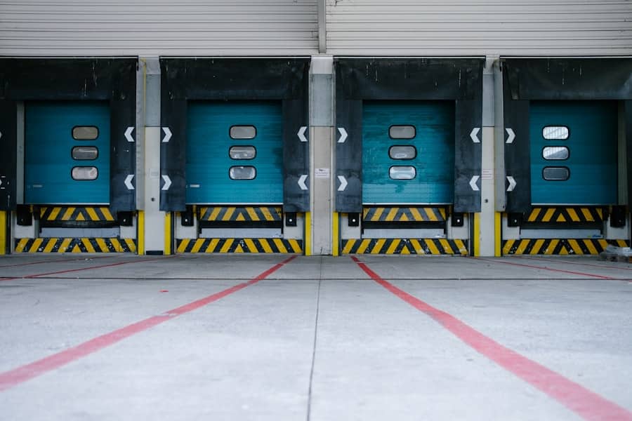 Commercial concrete walkway and loading area with safety markings