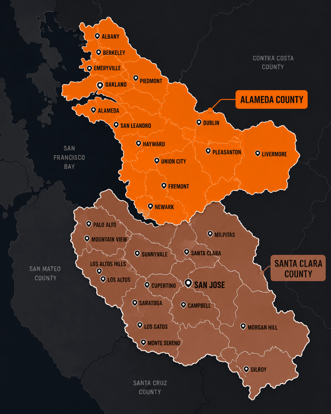 Map of our service area: Alameda County across the East Bay and Tri-Valley, and Santa Clara County across the South Bay, with all twenty-nine cities we serve marked