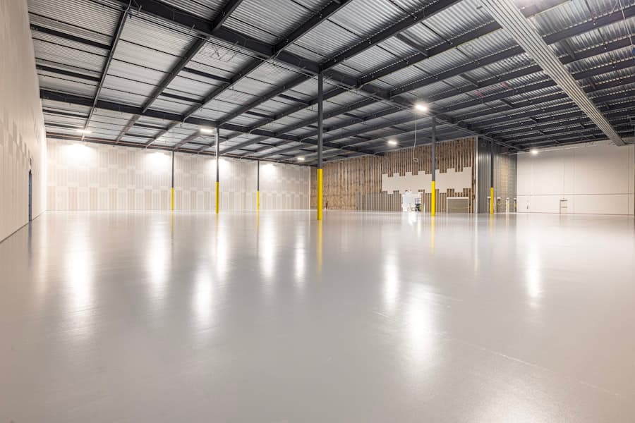 Polished concrete floor in a large industrial warehouse