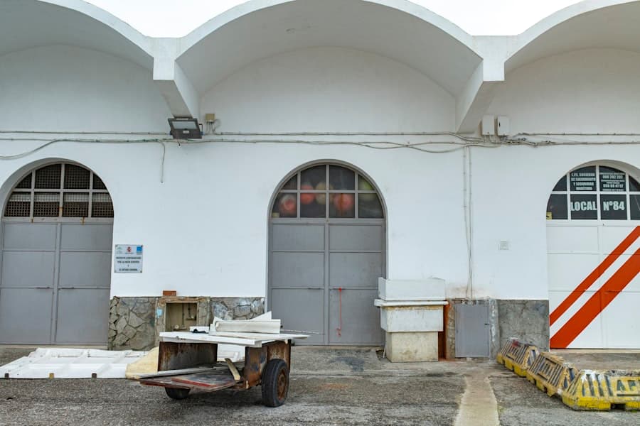 Large commercial warehouse with multiple loading doors and a delivery truck