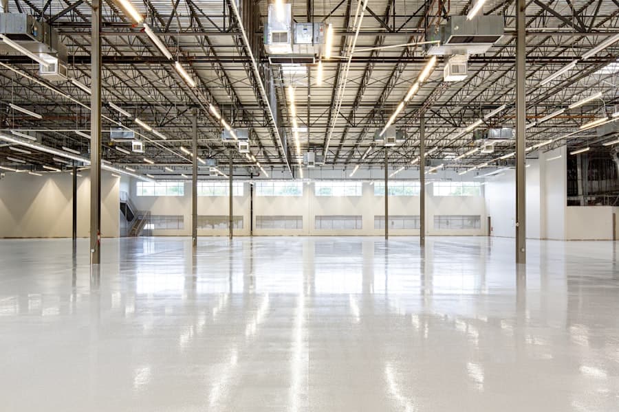 Contemporary warehouse interior with glossy polished concrete flooring
